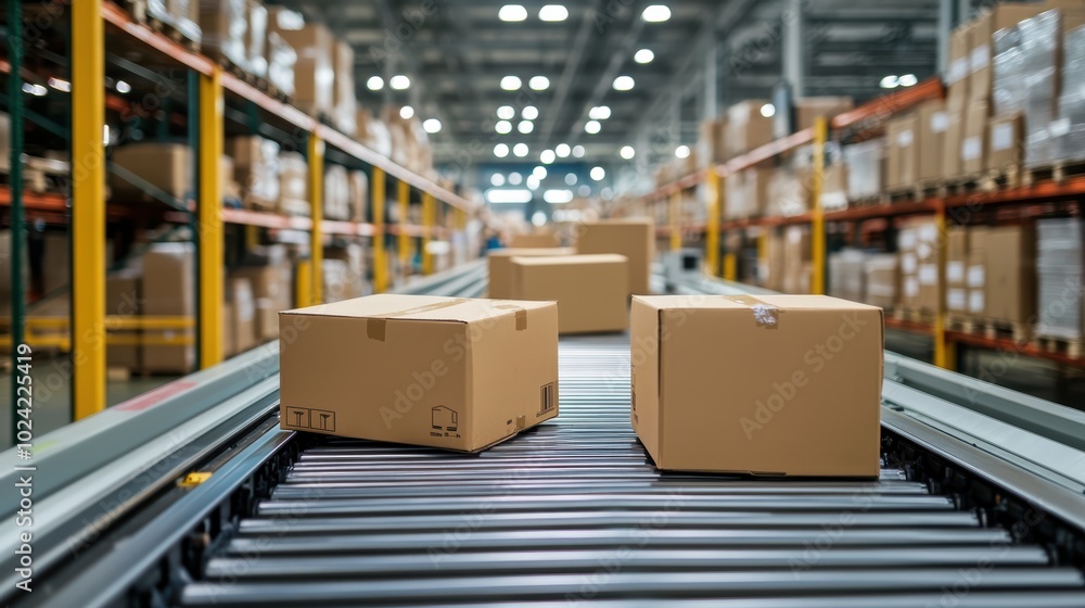 conveyor belt in a distribution warehouse with row of cardboard box packages for e-commerce delivery and automated logistics concepts as wide banner with copysapce area - Generative AI conveyor belt in a distribution warehouse with row of cardboard box packages for e-commerce delivery and automated logistics concepts as wide banner with copysapce area - Generative AI