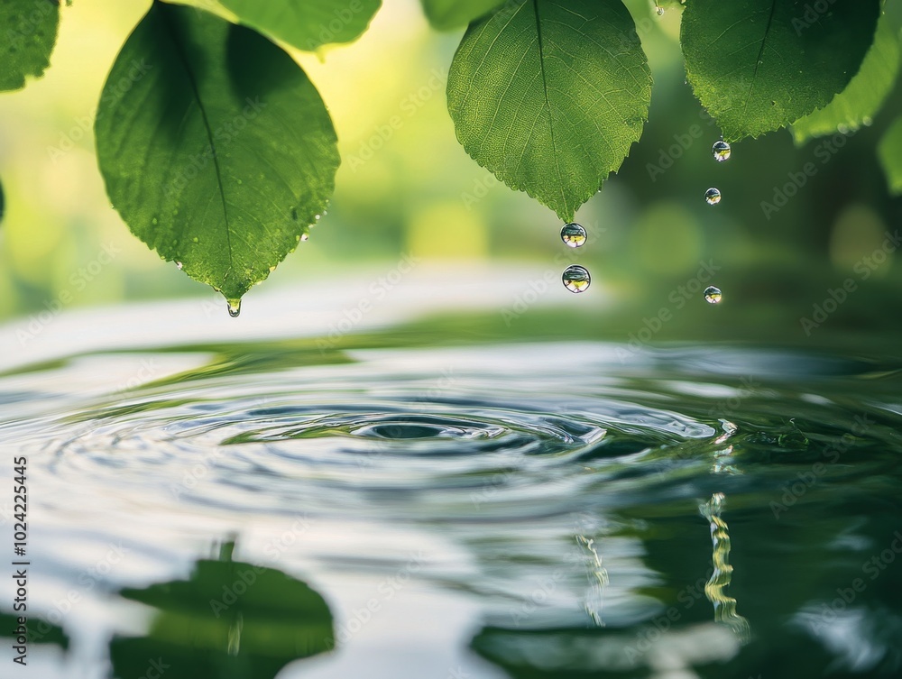 2408 42.A beautiful close-up of water drops perched on a smooth water surface, with lush green leaves partially submerged. The gentle ripples and reflections create an ethereal quality, highlighting 2408 42.A beautiful close-up of water drops perched on a smooth water surface, with lush green leaves partially submerged. The gentle ripples and reflections create an ethereal quality, highlighting