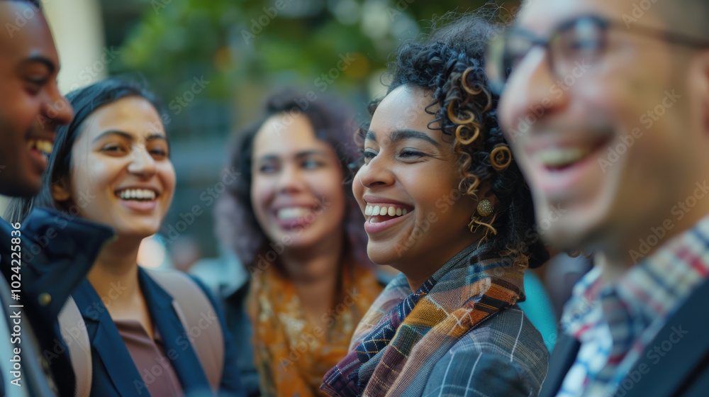 A diverse group of people from various ethnic backgrounds smiling and interacting. A diverse group of people from various ethnic backgrounds smiling and interacting.