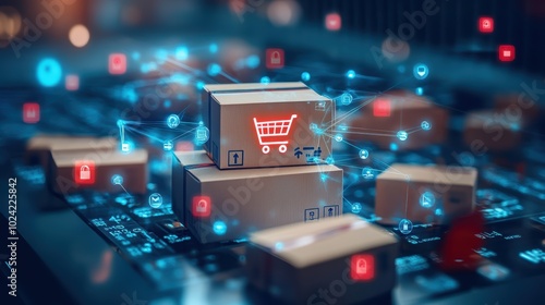 Distribution and logistics concept of global digital internet marketing and business e-commerce banner graphic concept showing global network and social media connection technology.