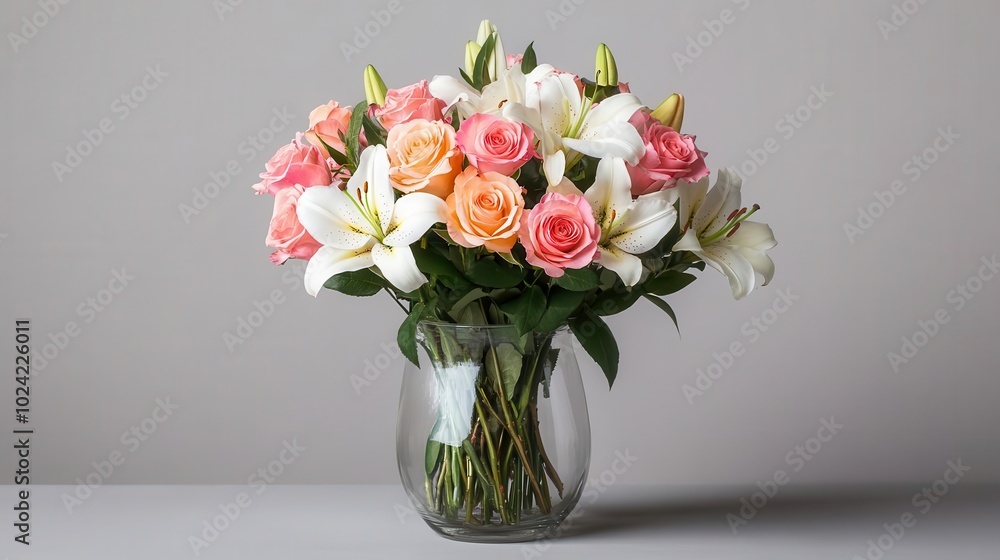 Bouquet of roses and lilies in a vase, soft indoor lighting, ultrarealistic detail of petals and classic floral beauty Bouquet of roses and lilies in a vase, soft indoor lighting, ultrarealistic detail of petals and classic floral beauty