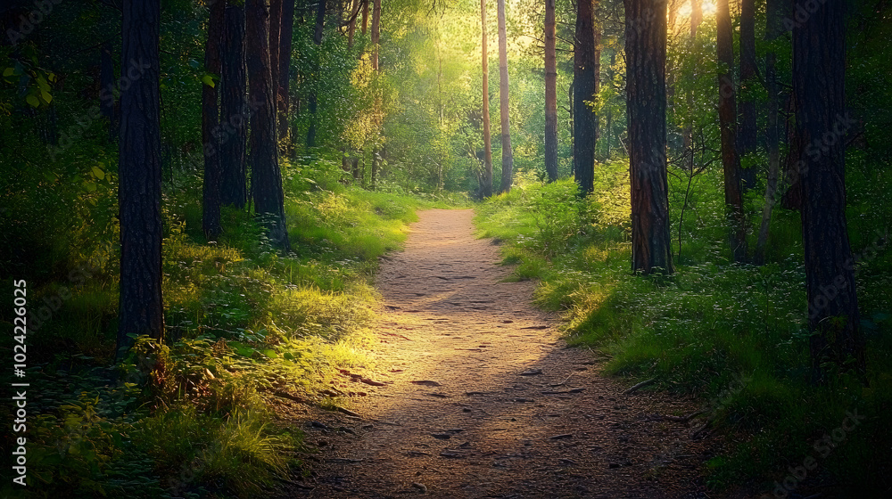 Obraz premium Nature trail and hiking path in forest. Forest scene with hiking path, straight trail through forest