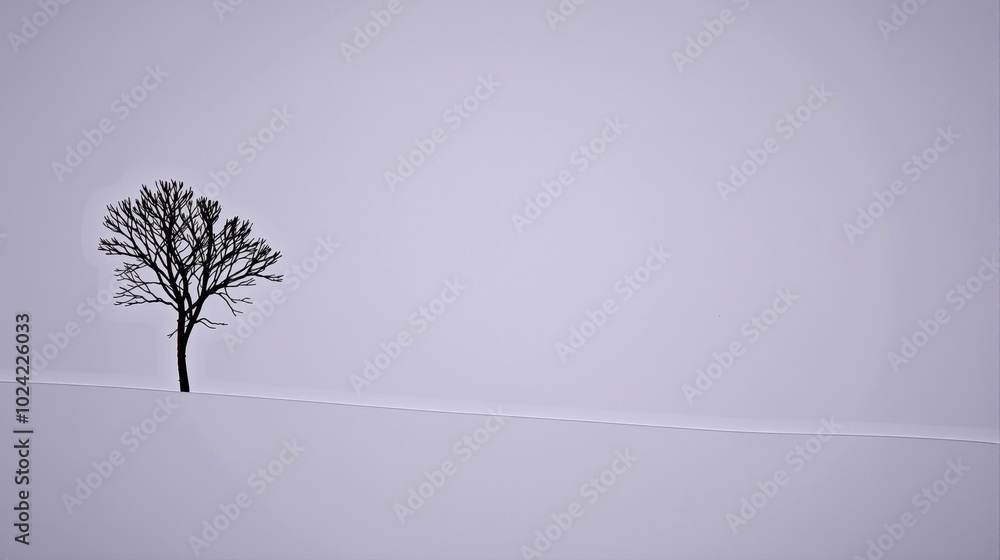 Obraz premium Generative AI, This image captures the essence of minimalist nature, featuring a single tree standing alone in a vast, featureless white space