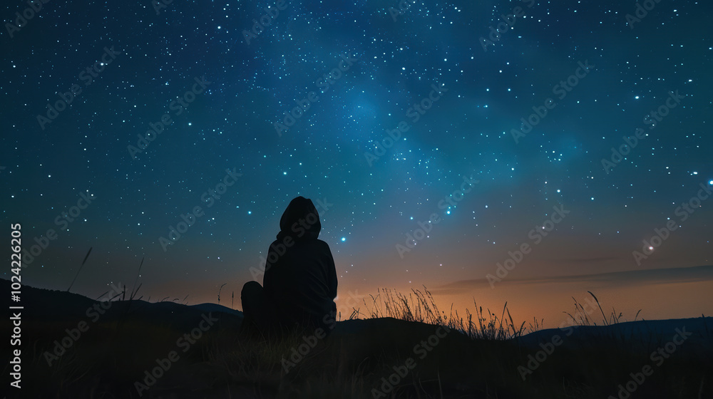 Person camping under the stars with a mountain landscape in the background. Person camping under the stars with a mountain landscape in the background.