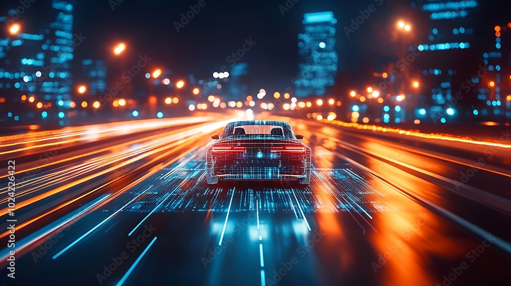 Self-driving car on a futuristic highway, digital overlays floating around showing speed, navigation, and safety data, advanced AI technology, smart city backdrop illuminated with vibrant lights,