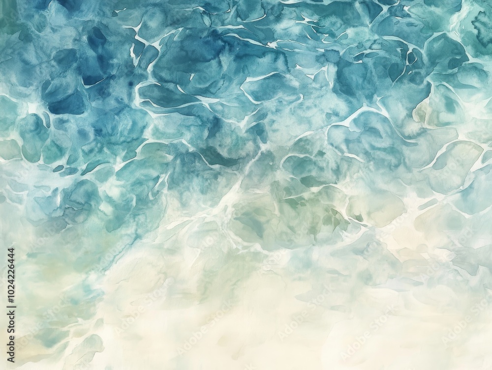 Obraz premium 2408 63.A delicate watercolor painting of a water surface, showcasing an abstract array of fluid shapes and colors. The varying shades of blue intermingle with hints of green and white, creating an