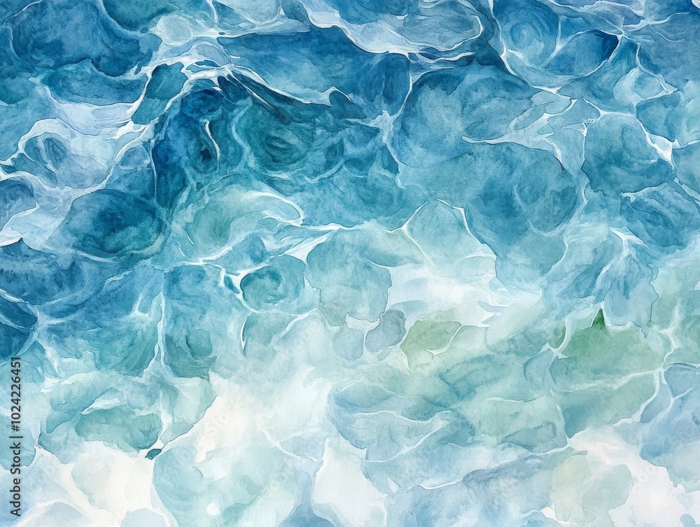 Obraz premium 2408 63.A delicate watercolor painting of a water surface, showcasing an abstract array of fluid shapes and colors. The varying shades of blue intermingle with hints of green and white, creating an