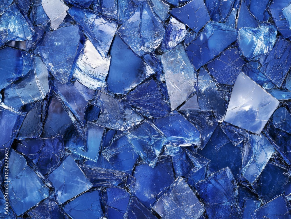 2408 68.A visually captivating close-up of a collage made from broken blue glass shards, with a variety of textures and reflective surfaces. The rich blues and clear fragments form an intricate 2408 68.A visually captivating close-up of a collage made from broken blue glass shards, with a variety of textures and reflective surfaces. The rich blues and clear fragments form an intricate