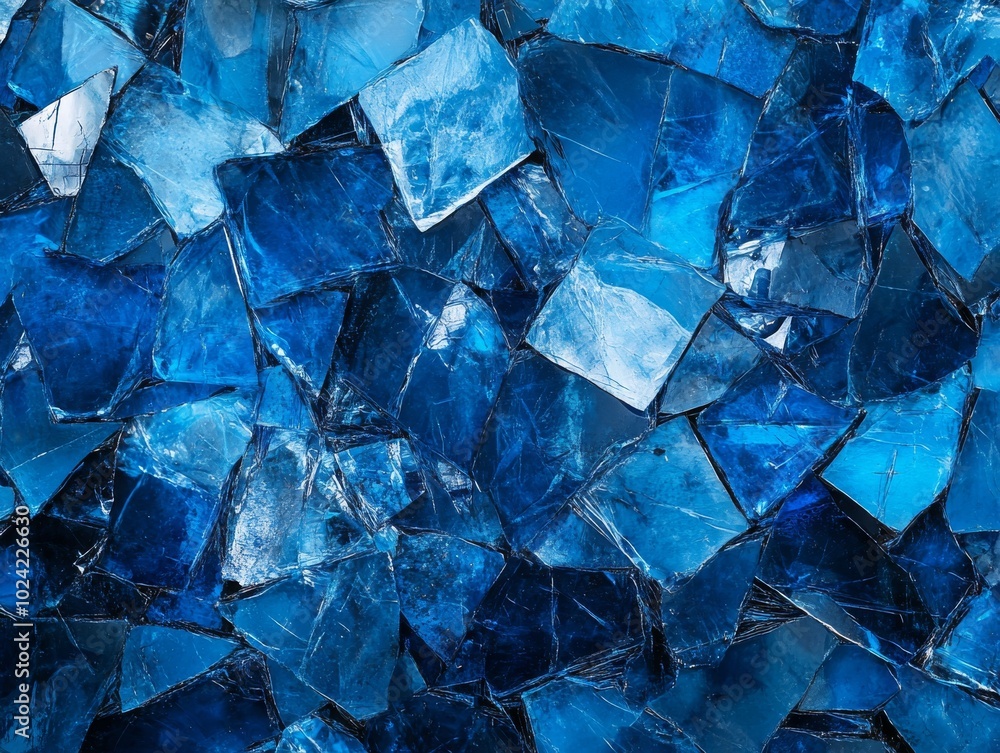 2408 69.An artistic representation of fragmented blue glass, processed into a textured collage that highlights the interplay of light and shadows. The varying sizes and shapes of the glass pieces 2408 69.An artistic representation of fragmented blue glass, processed into a textured collage that highlights the interplay of light and shadows. The varying sizes and shapes of the glass pieces