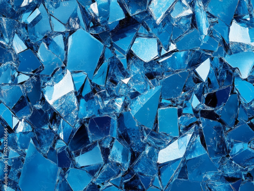 2408 69.An artistic representation of fragmented blue glass, processed into a textured collage that highlights the interplay of light and shadows. The varying sizes and shapes of the glass pieces 2408 69.An artistic representation of fragmented blue glass, processed into a textured collage that highlights the interplay of light and shadows. The varying sizes and shapes of the glass pieces