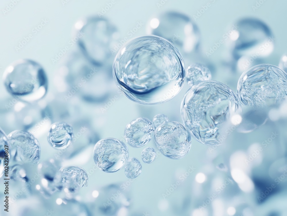 2408 74.A visually striking rendering of transparent water droplets, each highlighting intricate details and textures that suggest high-quality skincare products. The arrangement of liquid bubbles 2408 74.A visually striking rendering of transparent water droplets, each highlighting intricate details and textures that suggest high-quality skincare products. The arrangement of liquid bubbles