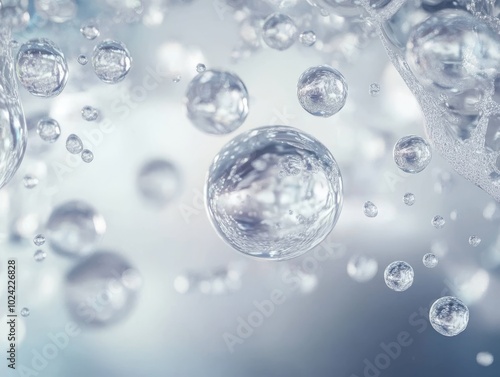 2408 74.A visually striking rendering of transparent water droplets, each highlighting intricate details and textures that suggest high-quality skincare products. The arrangement of liquid bubbles