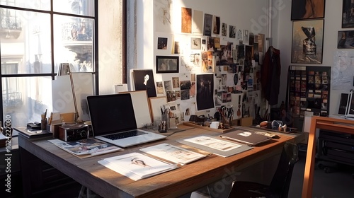 95. A creative directors desk with mood boards, design sketches, and a laptop, set in a trendy, modern office