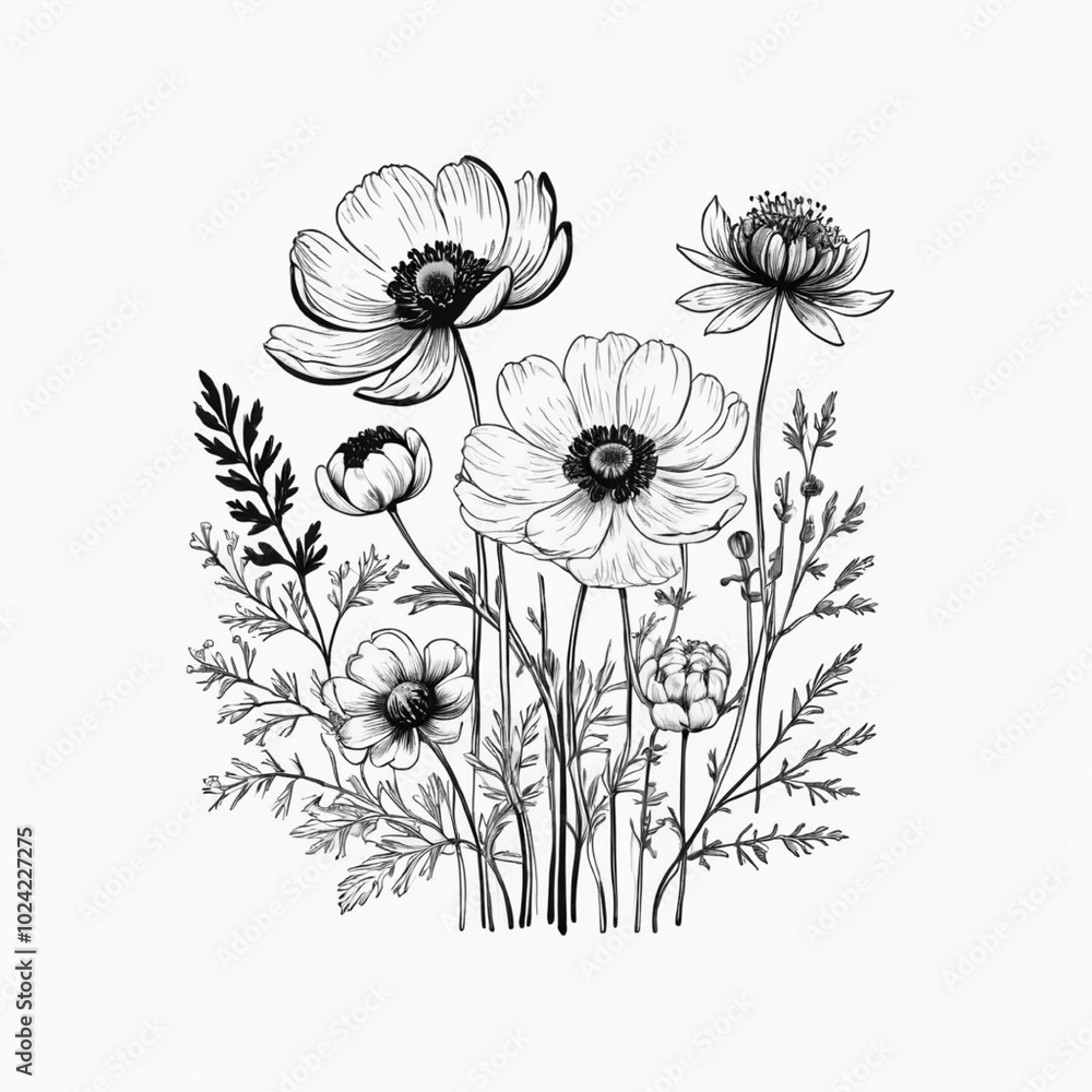 Obraz premium Hand drawn spring flowers. Black brush flower silhouette. Ink drawing wild plants, herbs or flowers, monochrome botanical illustration. Anemone, peony, chrysanthemum isolated cliparts