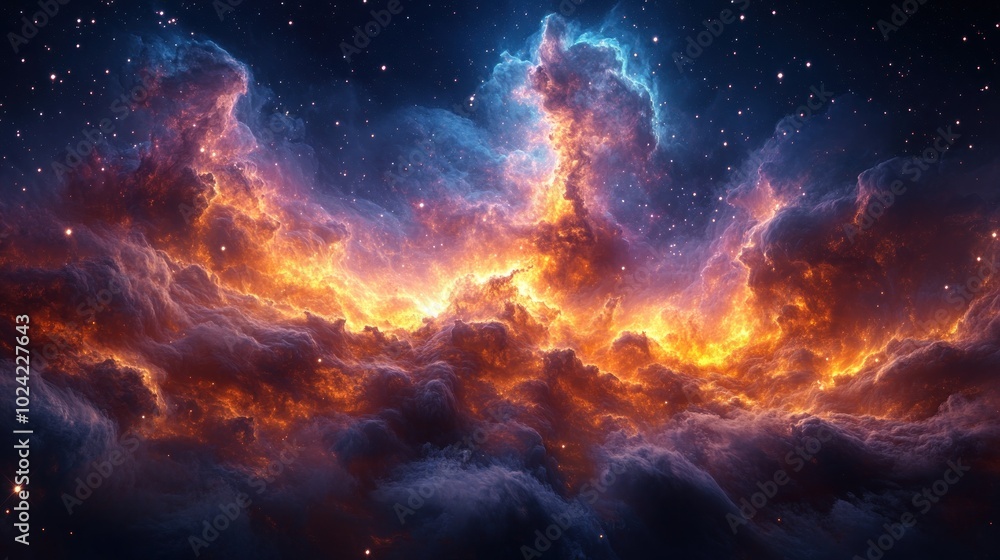 A vibrant nebula with fiery orange and blue hues against a backdrop of twinkling stars. A vibrant nebula with fiery orange and blue hues against a backdrop of twinkling stars.