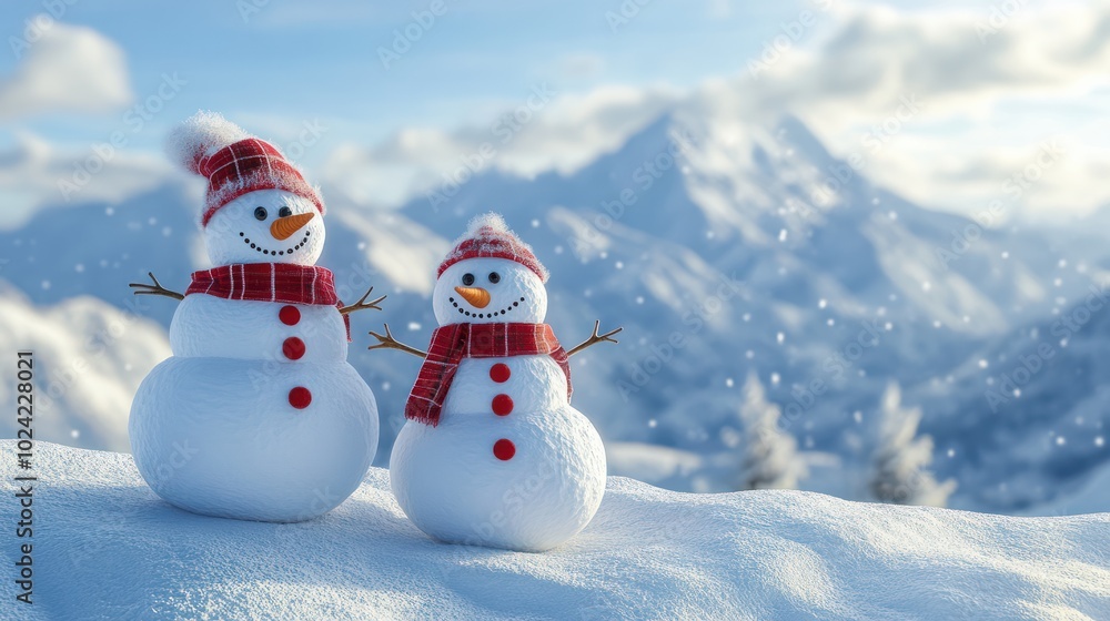 Happy snowmans in mountain Happy snowmans in mountain