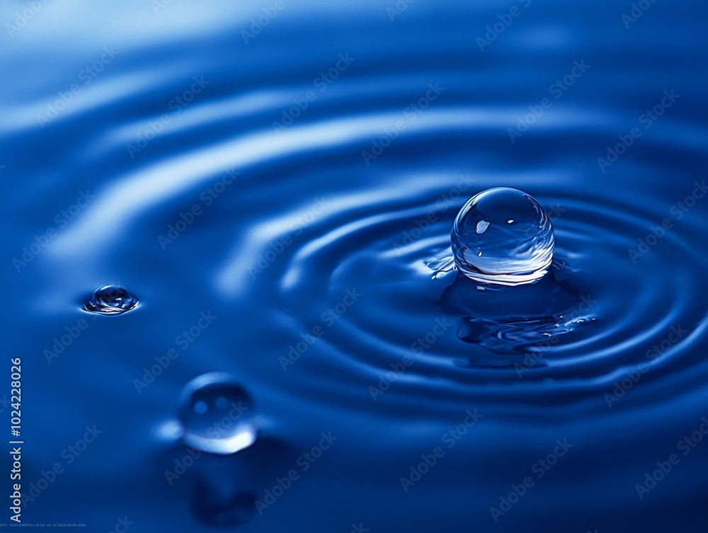 2408 102.A striking close-up image of water drops on a vivid blue background, where each droplet forms beautiful circular ripples. The interplay of light and shadow on the droplets creates a stunning 2408 102.A striking close-up image of water drops on a vivid blue background, where each droplet forms beautiful circular ripples. The interplay of light and shadow on the droplets creates a stunning