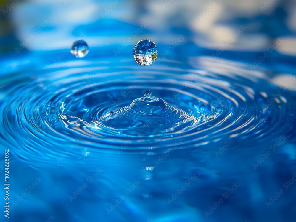 2408 102.A striking close-up image of water drops on a vivid blue background, where each droplet forms beautiful circular ripples. The interplay of light and shadow on the droplets creates a stunning 2408 102.A striking close-up image of water drops on a vivid blue background, where each droplet forms beautiful circular ripples. The interplay of light and shadow on the droplets creates a stunning