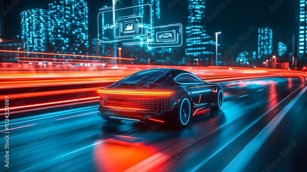 Self-driving car on a sleek road, digital icons floating above showing real-time navigation and safety data, futuristic city glowing in neon lights, cinematic lighting, sharp reflections, Self-driving car on a sleek road, digital icons floating above showing real-time navigation and safety data, futuristic city glowing in neon lights, cinematic lighting, sharp reflections,