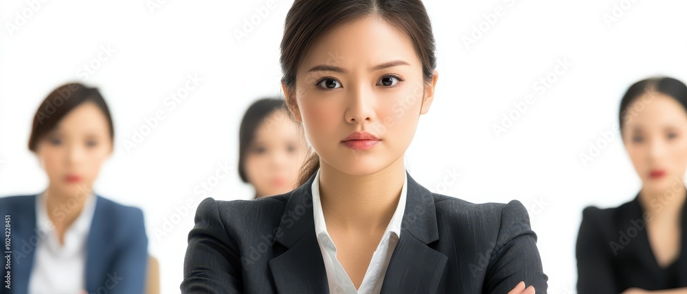 Team in a formal meeting room, anxiety evident as they review critical issues, Asian woman leading a tense but solutionfocused discussion Team in a formal meeting room, anxiety evident as they review critical issues, Asian woman leading a tense but solutionfocused discussion