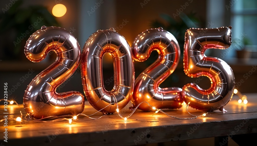 New Year concept 2025 as Metallic Balloon on a dark background with warm lighting New Year concept 2025 as Metallic Balloon on a dark background with warm lighting