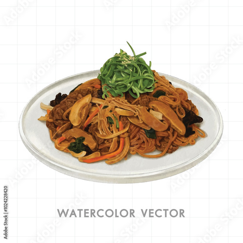Stir-fried Noodles or Pad See Ew Watercolor