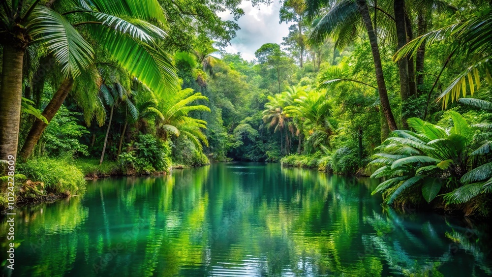 Tropical forest with forced perspective featuring lush green foliage and serene water body Tropical forest with forced perspective featuring lush green foliage and serene water body