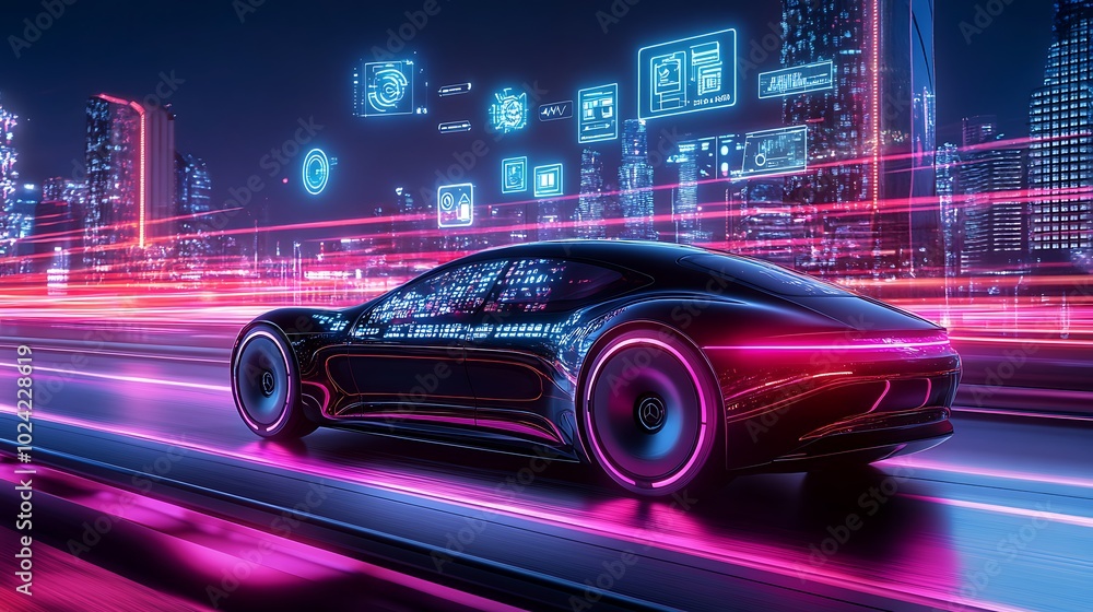 Fototapeta premium Self-driving electric car cruising on a futuristic highway, glowing holographic data icons floating above indicating real-time traffic updates, vehicle diagnostics, and speed,