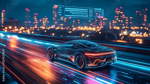 Self-driving electric car cruising on a high-tech highway, glowing holographic data above showing vehicle diagnostics, speed, and road conditions,