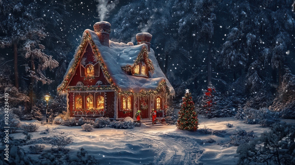 Lebkuchenhaus im Schnee mit Weihnachtsmann auf schwarzem Hintergrund Lebkuchenhaus im Schnee mit Weihnachtsmann auf schwarzem Hintergrund