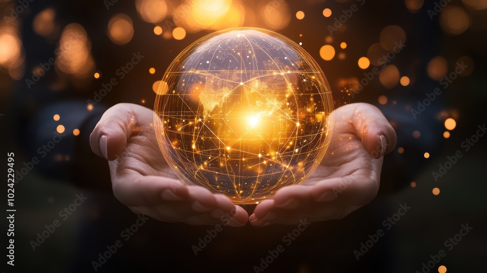 Fototapeta premium Pair of hands holding a transparent globe with digital connections and nodes superimposed over it, representing a network, global communication