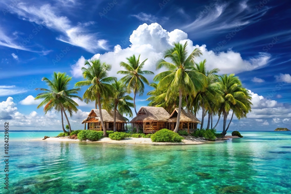 Naklejka premium Tropical island with palm trees and bungalows