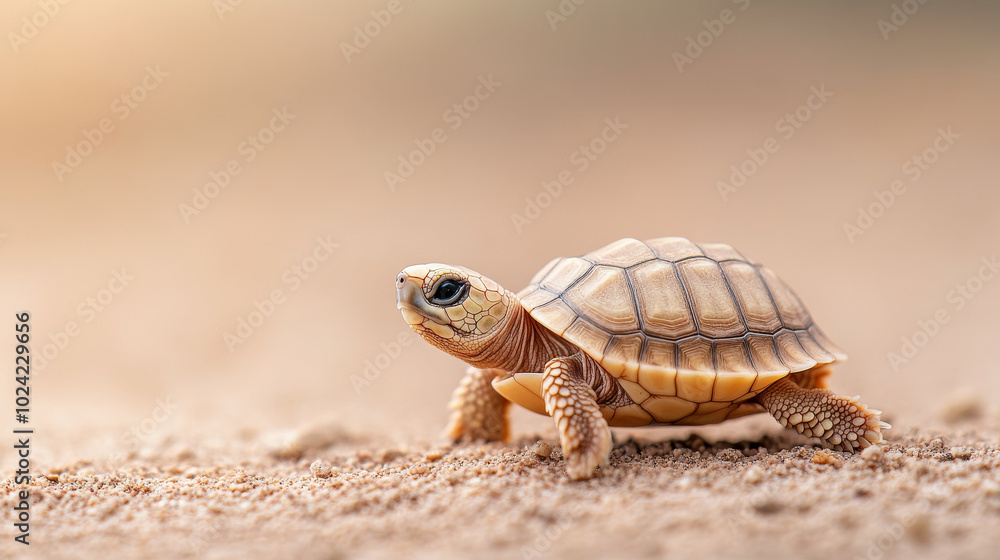 Fototapeta premium A small tortoise moves gracefully across sandy surface, showcasing its intricate shell patterns and vibrant colors. warm background adds serene atmosphere to this charming scene