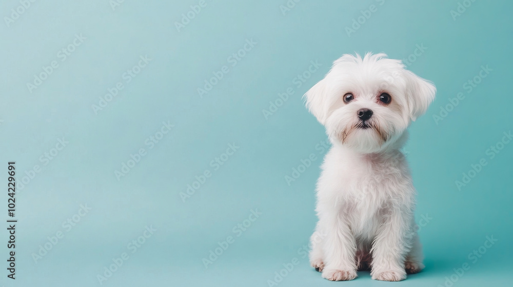 A small, fluffy white dog sits against soft turquoise background, exuding playful and curious demeanor. This adorable pet captures attention with its bright eyes and charming expression A small, fluffy white dog sits against soft turquoise background, exuding playful and curious demeanor. This adorable pet captures attention with its bright eyes and charming expression