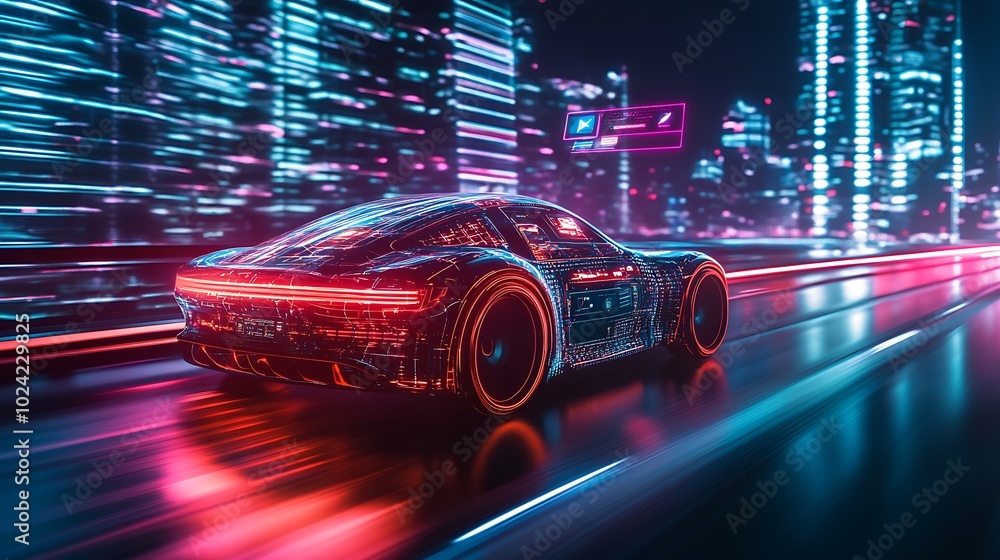 Self-driving vehicle cruising on a futuristic road, digital overlays floating above showing real-time feedback for speed, distance, and vehicle status, vibrant cityscape glowing with neon lights, Self-driving vehicle cruising on a futuristic road, digital overlays floating above showing real-time feedback for speed, distance, and vehicle status, vibrant cityscape glowing with neon lights,