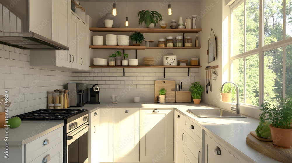 A small urban kitchen with compact appliances, open shelving, and a window bringing in plenty of natural light A small urban kitchen with compact appliances, open shelving, and a window bringing in plenty of natural light