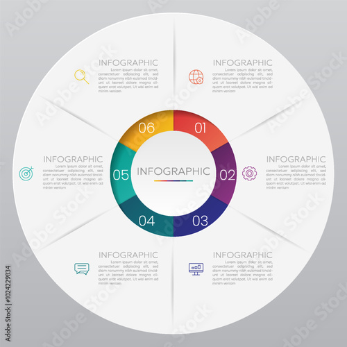 Circle chart infographic template with 6 options for presentations