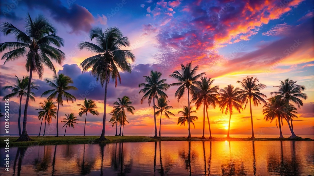 tropical landscape with colorful sunset and palm trees tropical landscape with colorful sunset and palm trees