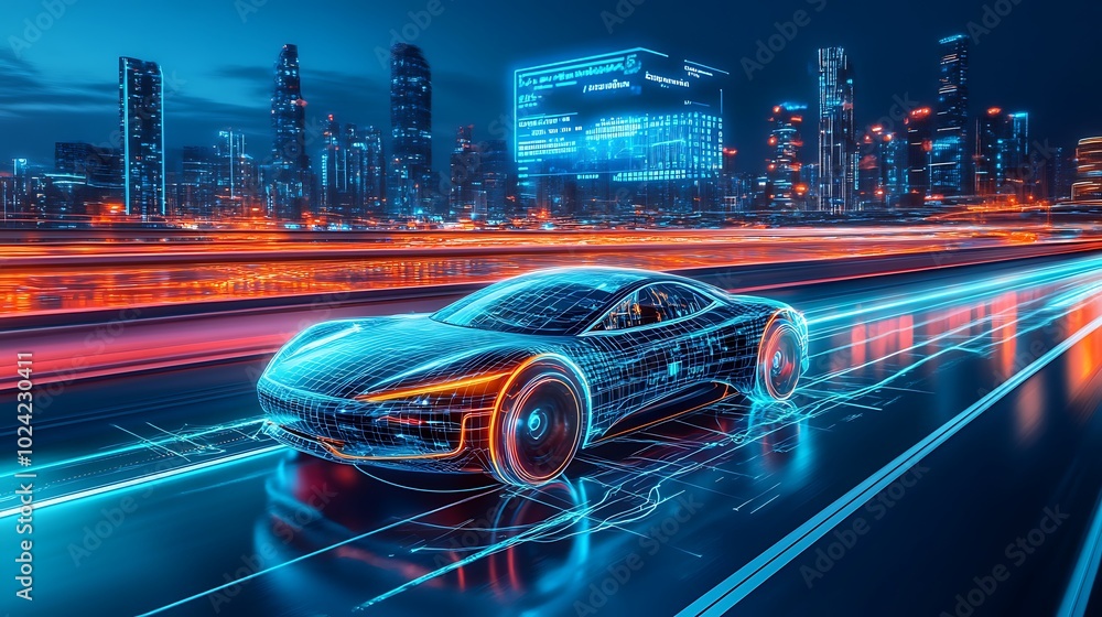 Self-driving vehicle on a high-tech highway, floating digital interface above displaying real-time feedback for navigation, speed, and safety data, advanced city skyline in the background, Self-driving vehicle on a high-tech highway, floating digital interface above displaying real-time feedback for navigation, speed, and safety data, advanced city skyline in the background,