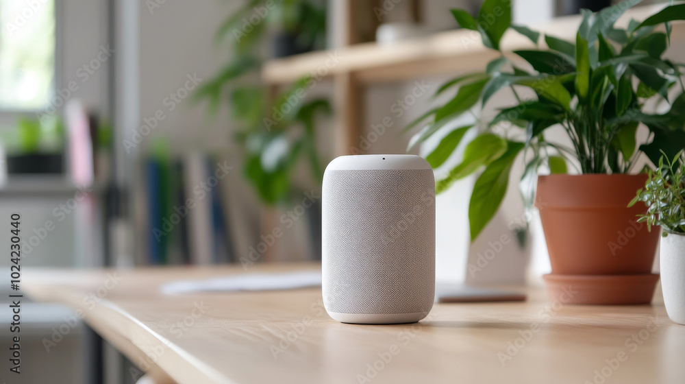 Smart speaker on wooden desk surrounded by green plants, creating modern and inviting atmosphere. This image captures essence of contemporary home technology and design Smart speaker on wooden desk surrounded by green plants, creating modern and inviting atmosphere. This image captures essence of contemporary home technology and design