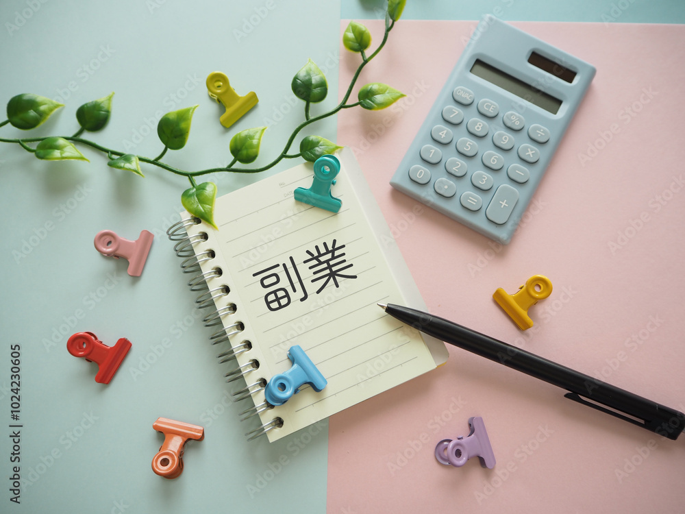 ノートに副業の文字 電卓 副収入 ノートに副業の文字 電卓 副収入
