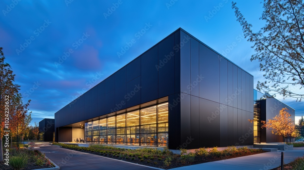Sleek Steel Exterior of Modern Warehouse Office Building. Sleek Steel Exterior of Modern Warehouse Office Building.