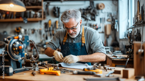 Craftsman working diligently in workshop, focused on his task with tools surrounding him. atmosphere is filled with creativity and craftsmanship