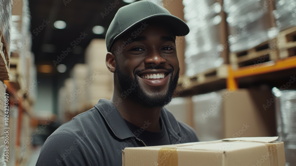 Smiling black worker with box in warehouse. Generative IA. Smiling black worker with box in warehouse. Generative IA.