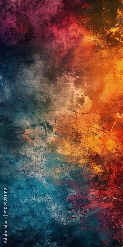 Obraz premium A vibrant abstract background featuring a cracked texture with a blend of blue, orange, and red colors.