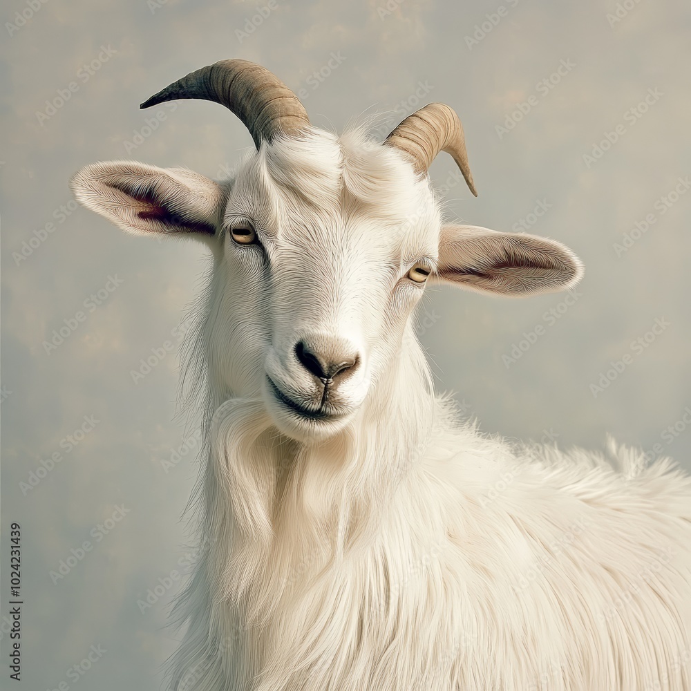 Obraz premium Portrait of a white goat with soft fur and gentle expression