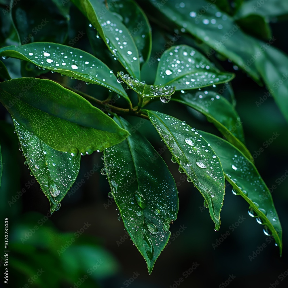 Dew-covered green leaves in a natural environment Dew-covered green leaves in a natural environment