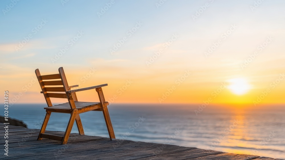 Wooden chair overlooking sea at sunset, perfect for relaxation and contemplation. Wooden chair overlooking sea at sunset, perfect for relaxation and contemplation.