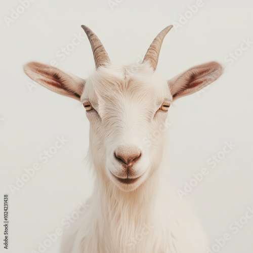 portrait of a white goat with a neutral background