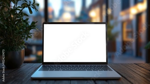 a workspace with a laptop with an empty blank screen - technology mockup of a computer